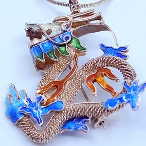 Vintage Chinese Import Enameled Dragon Necklace - Brooch - Sterling Silver - Long Sterling Chain - Dragon With Personality