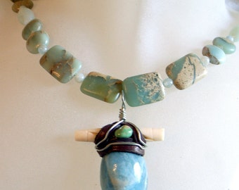 Collier aigue-marine turquoise - Collier tribal fait main Boho unique - Pendentif aigue-marine véritable avec turquoise - 24 pouces de long ou 61cm