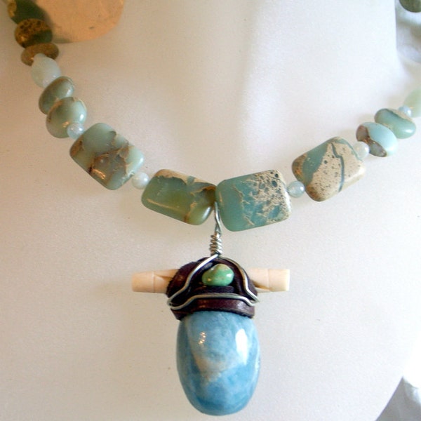 Turquoise Aquamarine Necklace - Unique Boho Handmade Tribal Necklace - Genuine Aquamarine Pendant With Turquoise - 24 Inches Long or 61cm