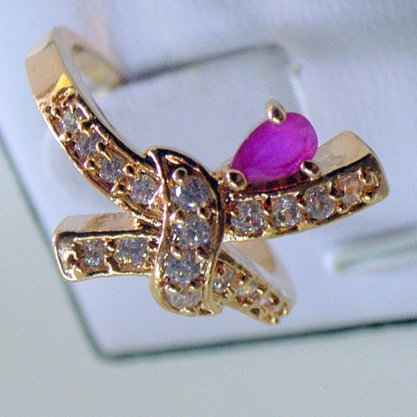 Vintage Ruby Ring - Gold Over Sterling Silver - With White Sapphires - Size 7.5 - 8 - Ruby Bow Knot Design July Birthstone - Adorable