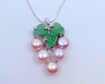 Real Pearl Necklace With Carved Jade Leaves - 22" Sterling Chain - Pearl Pendant