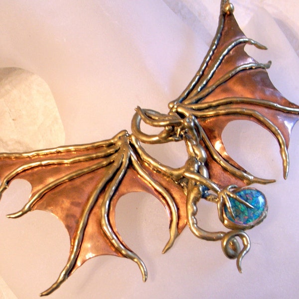 RESERVED Brutalist Dragon Claw Bib Necklace- Holds Opal -BIG Modernist Abstract  - Handmade Design- Bat Wings-Mixed Metal Goth