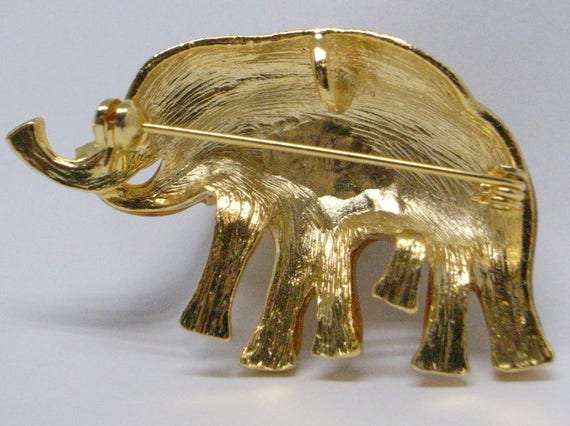 Vintage Elephant Pendant And Brooch -Big Gold Ena… - image 3