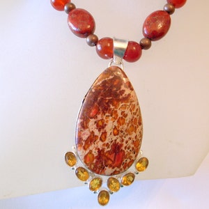 Orange Turquoise Necklace, With Citrine -  Real Jade Beads - Sterling Pendant - One Of A Kind