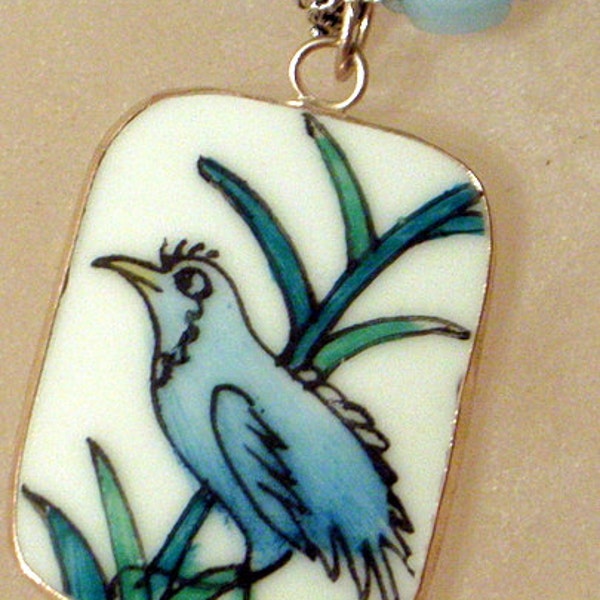 Porcelain Bluebird Necklace - Antique Potttery Pendant In Silver - Jade, Morher of Pearl, Art Glass - 21 Inch Handmade Hand Painted Bird