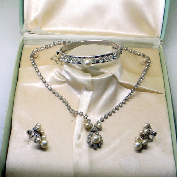 Vintage Rhinestone And Pearl Wedding Set - 1950's - By Chique Of Hollywood - Bangle Bracelet With Chain - Screw Back Earrings - Great Set