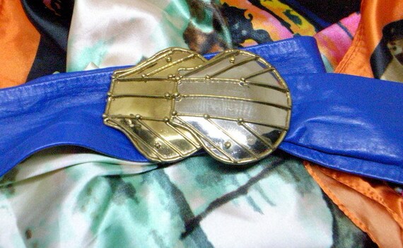 Vintage Luciano Brutalist Belt and Buckle - Blue Leather  display picture 2