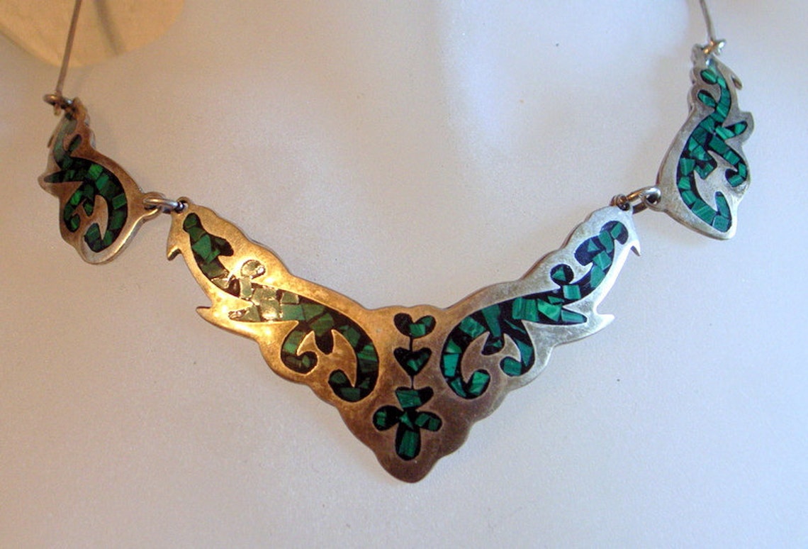 Vintage Taxco Necklace Taxco Mexico Sterling Silver and Inlaid