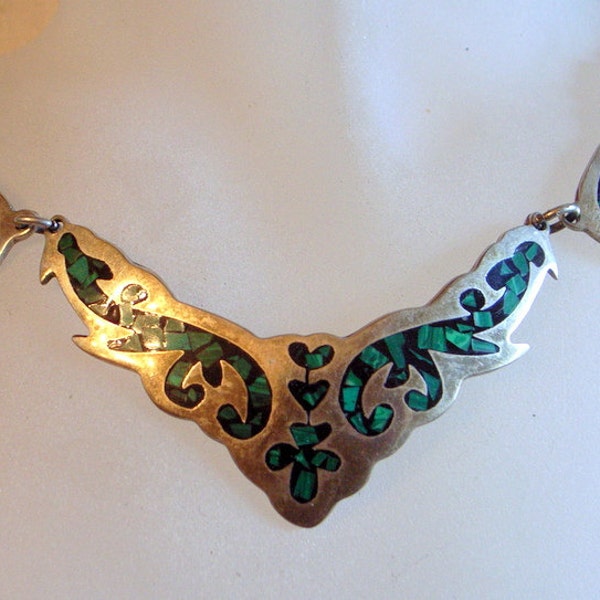Vintage Taxco Necklace - Taxco Mexico Sterling Silver And Inlaid Turquoise Handmade Bib Necklace
