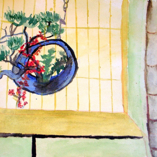 Japanese Flower Arrangement Watercolor I-Original Modernist Abstract Interior Painting-Pine In Hanging Container 12x16