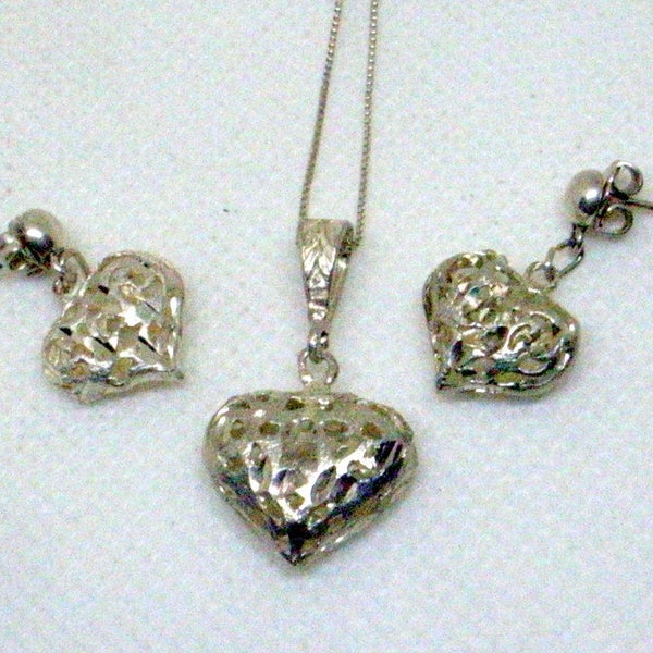 Vintage Sterling Heart Necklace And Earring Set = Sweetheart Filigree Silver Necklace - Sterling Chain - Dangle Heart Earrings - Near Mint