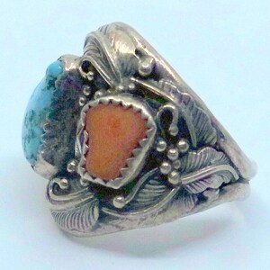 Old Pawn Navajo Turquoise And Coral Sterling Men's Ring Size 11 Signed Amazing Inside And Out image 10