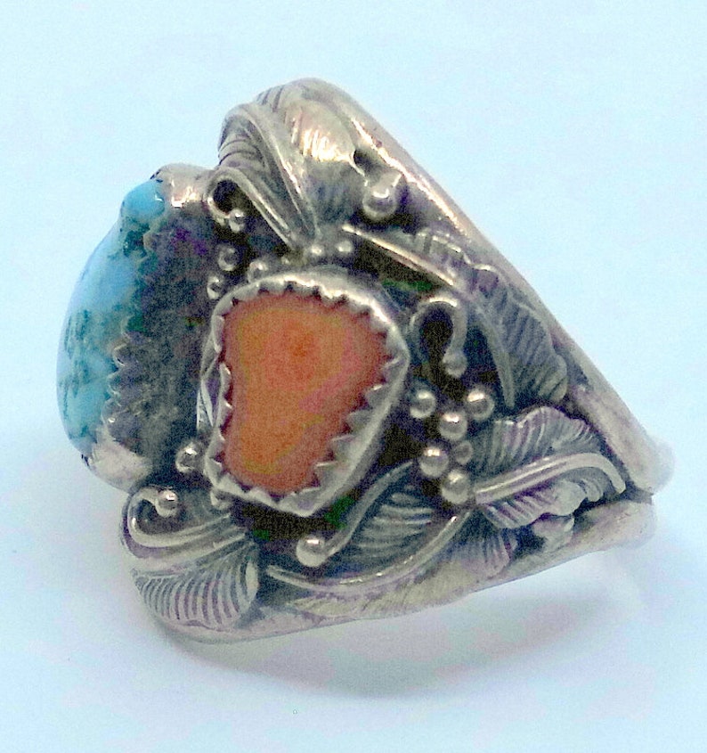 Old Pawn Navajo Turquoise And Coral Sterling Men's Ring Size 11 Signed Amazing Inside And Out image 10