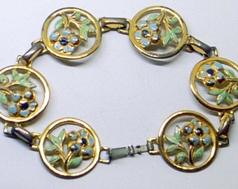 Pulsera de esmalte de ley vintage -RARE Corocraft esmaltado ley - oro sobre plata de ley - flores azules - hojas verdes - firmado