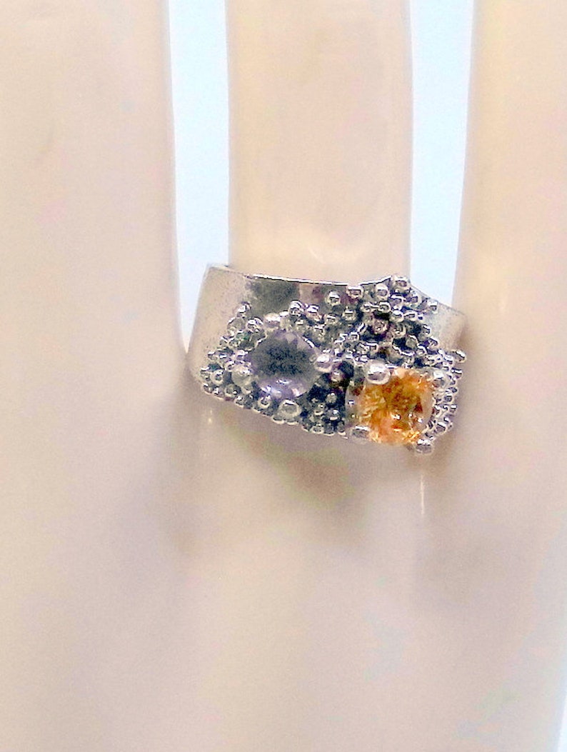 Sterling Brutalist Citrine And Amethyst Ring Size 7.5 Great Condition imagem 9