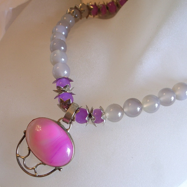 Pink - Gray Gemstone Necklace - Sterling Silver -  Purple Pink Lace Agate Pendant Set in Sterling Silver And Real Jade Beads