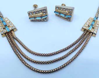 Vintage Aquamarine Rhinestone Set In Sterling Silver - 1950's - Boyd Bond - Beautiful - Necklace And Screw Back Earrings - Vermeil Art Deco