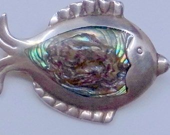 Vintage Sterling Taxco Fish Brooch - Abalone - Iridescent - Mid Century