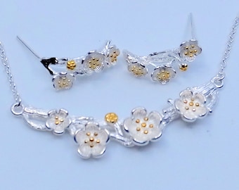 Dainty Sterling Flower Necklace AND Matching Earrings - Sterling With Gold Centers - Hoop Earrings