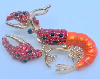 Sparkling Lobster Brooch - Enamel And Rhinestone Lobster - Attention Getter - Big And Colorful