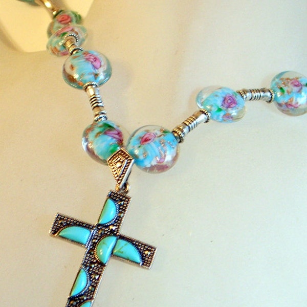 Vintage Turquoise Cross Necklace - Sterling - With Handmade Blue Rose Lampwork Beads- Modernist Abstract Design - Long