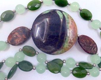 Asymmetrical Jade Necklace With Large Stone Medallion - Green Jade - Beautiful And Unique - One of a Kind - STATEMENT NECKLACE