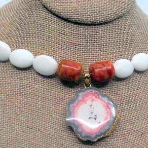 Beaded Necklace With Stone Brutalist Pendant And Carved Coral Accents Long Red And White And Grey image 3