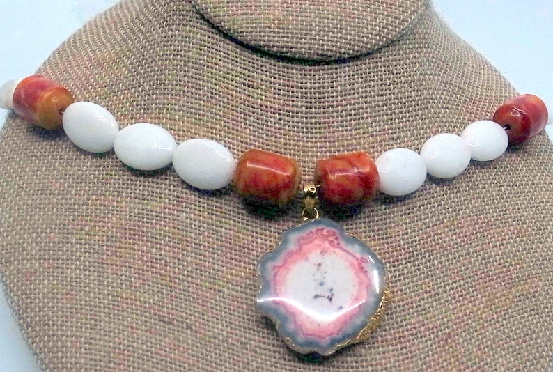 Beaded Necklace With Stone Brutalist Pendant And Carved Coral Accents Long Red And White And Grey image 3