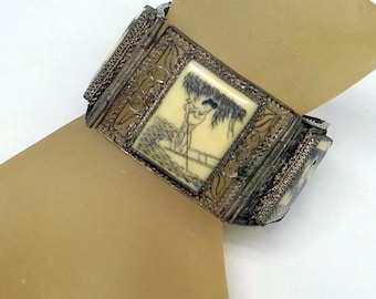 Chinese Export Silver Bracelet - Lovers Story Bracelet - 3 Engraved Scenes - Antique Bracelet - 6 - 7 Inch Wrist