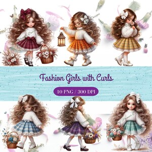 Ragazze alla moda con riccioli per l'autunno, bambine carine, clipart per uso commerciale, PNG trasparenti, DOWNLOAD DIGITALE