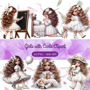 Ragazze con i riccioli, bambine carine, clipart per uso commerciale, PNG trasparenti, DOWNLOAD DIGITALE