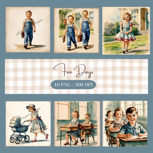 Fun Days School Kids vintage Clip Art 10 PNGs aquarelle haute résolution pour la journalisation indésirable, le scrapbooking, la fabrication de cartes, le téléchargement numérique