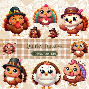 Skurrile Truthahn Clipart Kunst, süße kleine Truthähne, Thanksgiving Clipart für kommerzielle Nutzung, transparente PNGs, DIGITAL DOWNLOAD