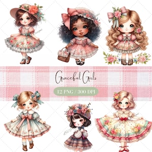 Graceful Girls Clip Art, jolies petites filles, des cliparts pour un usage commercial, PNG transparents, téléchargement numérique, Junk Journal, Scrapbooking