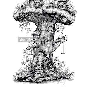 Mushroom Treehouse / print of original ink illustration