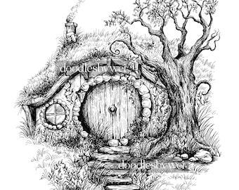 Cozy Hillside Round-Door Cottage / print of original ink illustration