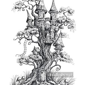 Fairy Castle Treehouse / print of original ink illustration