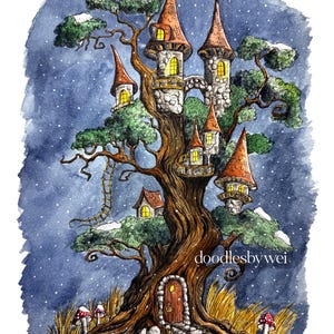 Winter Wonderland Fairy Treehouse / print of original watercolor illustration