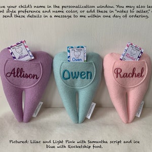 Custom Tooth Fairy Pillow Pal in Double-Sided Wool Felt, in the color of your choice, with name embroidery image 3