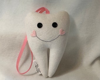 Ready to Ship--Tooth Fairy Pillow in white with light pink heart cheeks and pink hanging ribbon