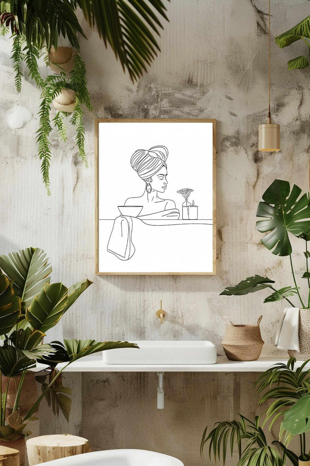 Bathroom Line Art, Woman in Robe, Bathroom Print, Modern Bathroom ...