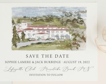 Illustrated Save the Dates, Wedding Venue Artwork