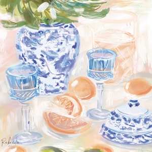 May include: An impressionistic digital painting featuring a blue and white patterned ginger jar filled with green foliage, two blue-tinted stemmed glasses, a glass pitcher of orange liquid, and sliced citrus fruits. The signature Rebecca is visible.
