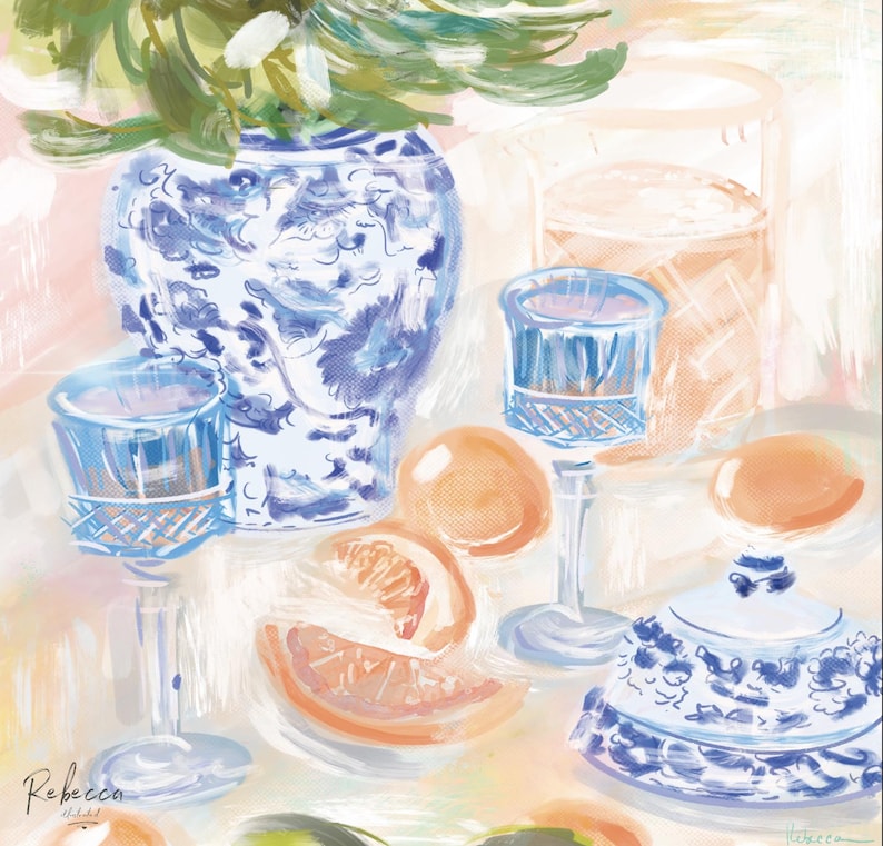 May include: An impressionistic digital painting featuring a blue and white patterned ginger jar filled with green foliage, two blue-tinted stemmed glasses, a glass pitcher of orange liquid, and sliced citrus fruits. The signature Rebecca is visible.