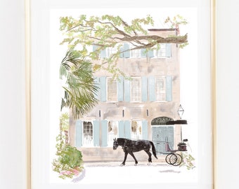 Black Horse Charleston Carriage Art Print, Southern Wall Art, Summer Art Print