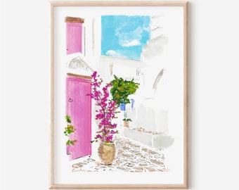 Greece Art Print, Pink Door Art Print, Greek Architecture