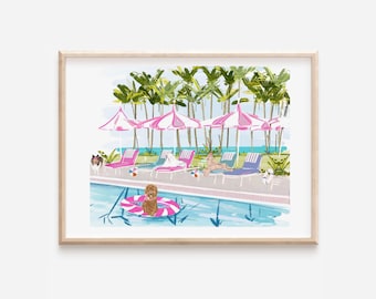 Puede incluir: Una ilustración de acuarela de una escena de piscina con palmeras, sombrillas a rayas rosa y blancas, y perros descansando en sillas. Un perro flota en un flotador de piscina a rayas rosa y blancas.