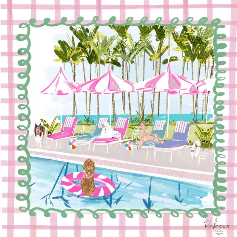May include: An illustration of a pool scene with dogs. Pink and white striped umbrellas shade lounge chairs. A brown dog floats in a pool on a pink and white striped inner tube. Palm trees and a checkered border complete the scene.