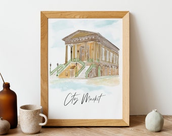 May include: A watercolor painting of a yellow building with a green roof and a set of stairs leading up to the entrance. The building is labeled "City Market".