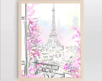 May include: A watercolor painting of the Eiffel Tower in Paris, France. The tower is depicted in black and white, while the background is a soft pink and blue watercolor wash. Pink flowers are visible in the foreground.